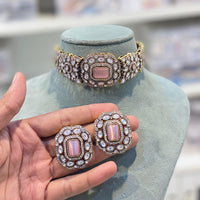 Hira Collections Glam Pota Stone And Austrian Stone Choker Necklace Set