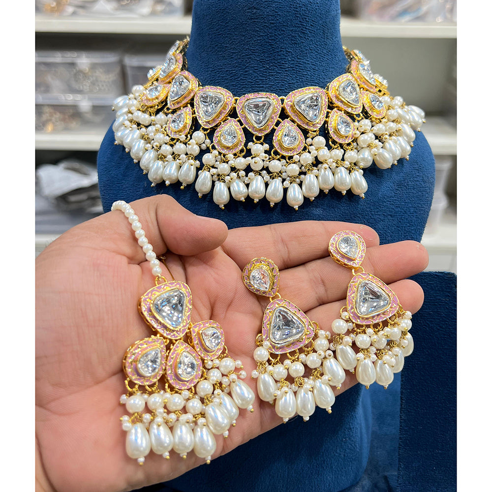 Hira Collections Glam Kundan Stone And Pearl Meenakari Choker Necklace Set
