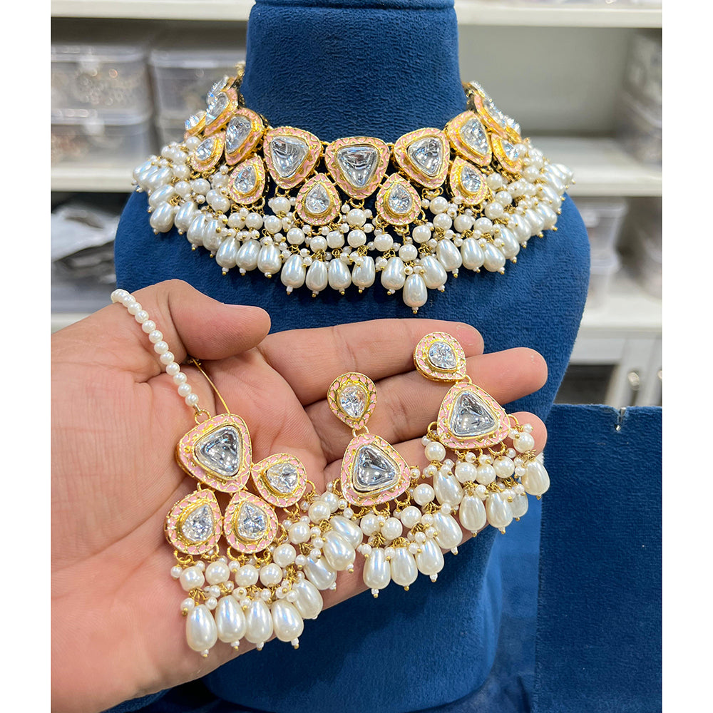 Hira Collections Glam Kundan Stone And Pearl Meenakari Choker Necklace Set