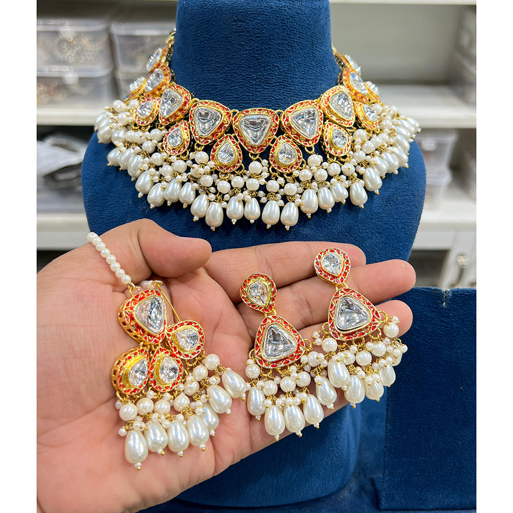 Hira Collections Glam Kundan Stone And Pearl Meenakari Choker Necklace Set