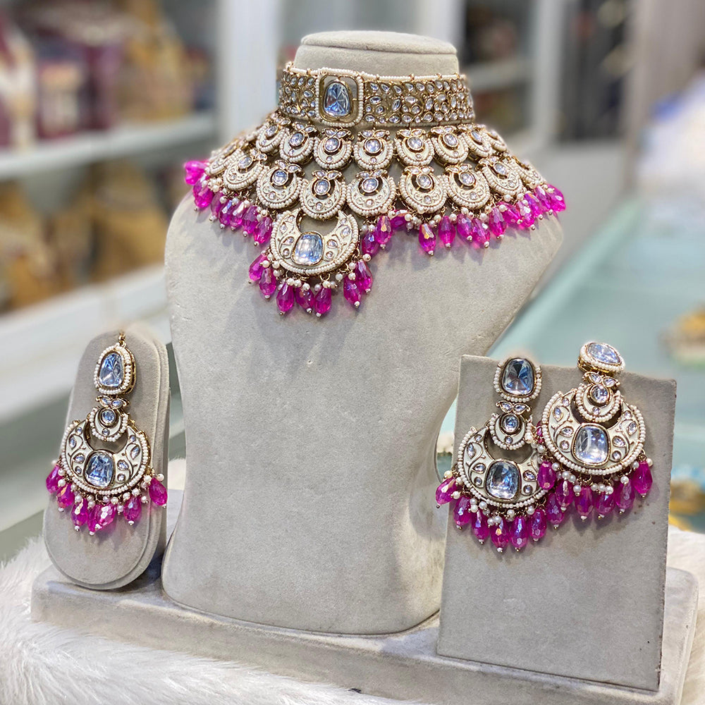 Hira Collections Glam Kundan Stone And Pearl Meenakari Choker Necklace Set