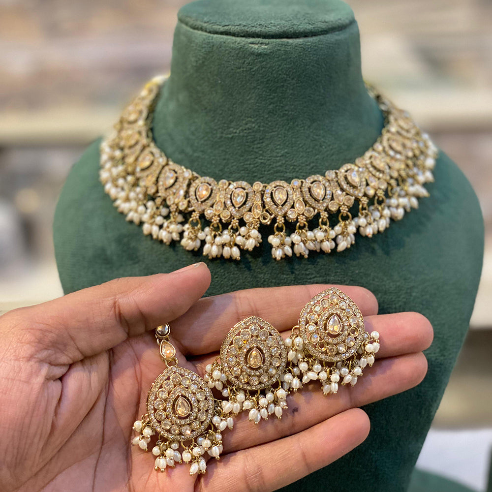 Hira Collections Sparkling Crystal And Pearl Necklace Set