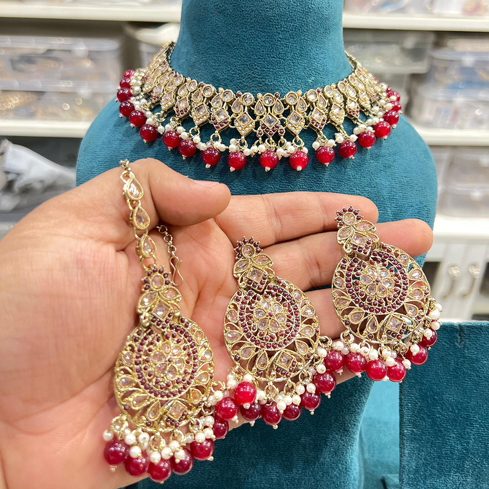 Hira Collections Crystal Stone And Pearl Designer Necklace Set