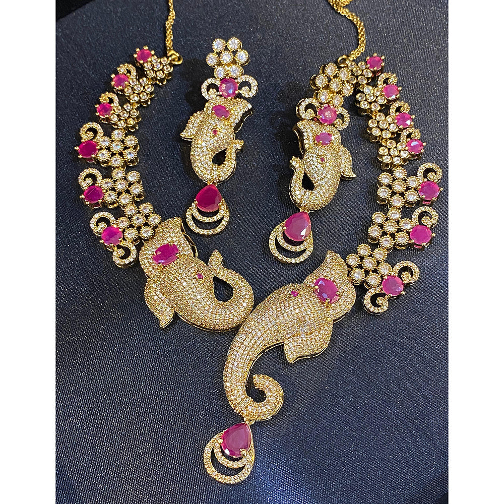 Hira Collections Grand Ganesha Motif American Diamond Necklace Set