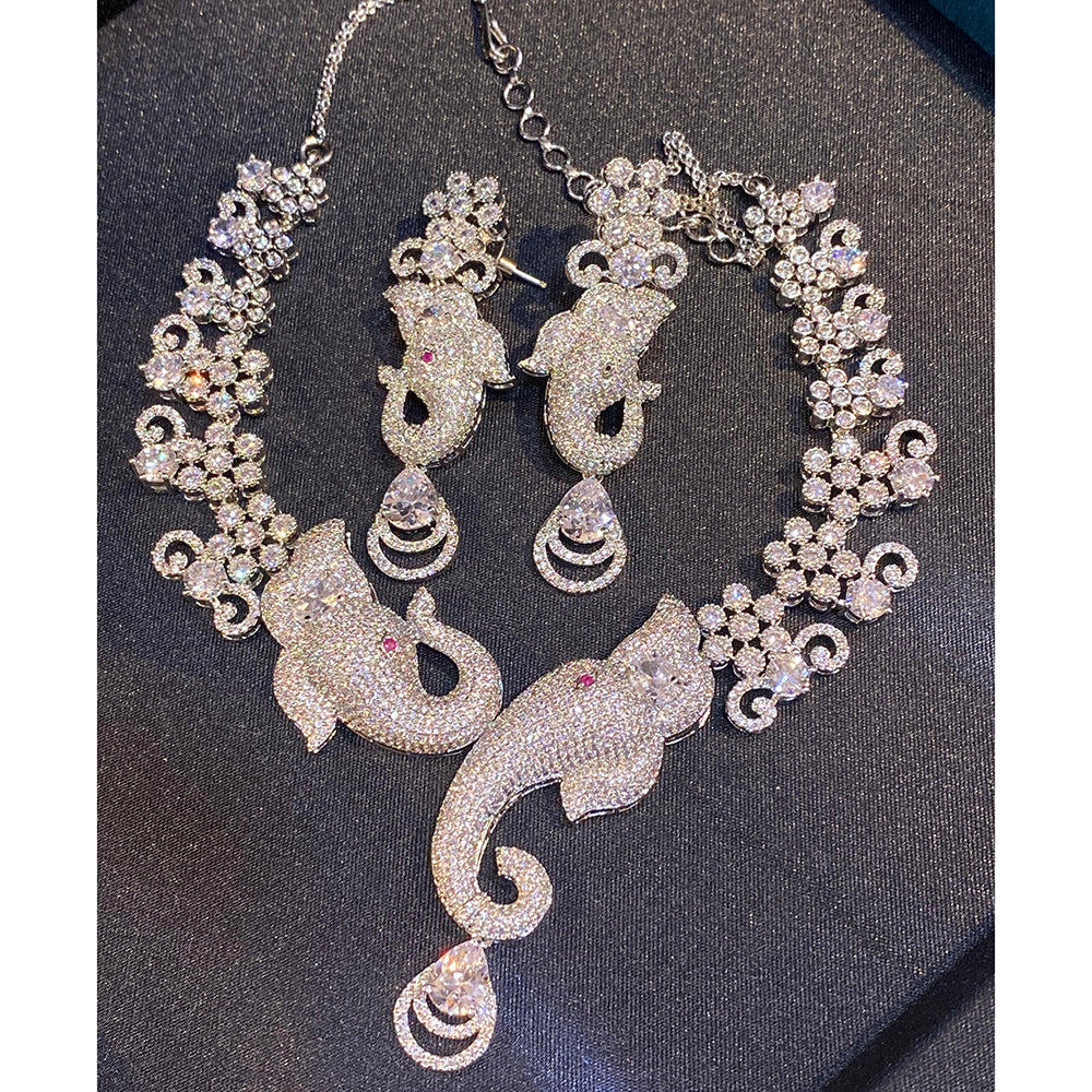 Hira Collections Grand Ganesha Motif American Diamond Necklace Set