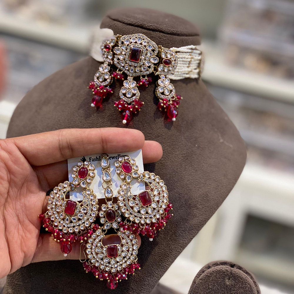 Hira Collections Royal Kundan Stone And Pearl Choker Necklace Set