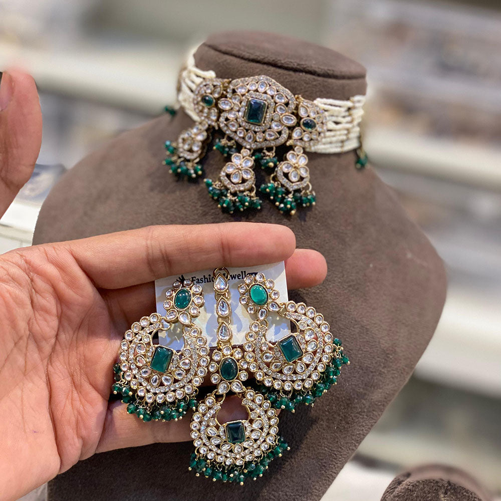 Hira Collections Royal Kundan Stone And Pearl Choker Necklace Set