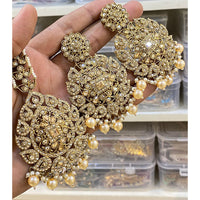 Hira Collections Royal Crystal Stone And Pearl Earring With Maangtikka