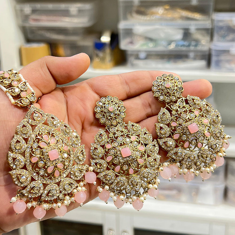 Hira Collections Royal Crystal Stone And Pearl Earring With Maangtikka