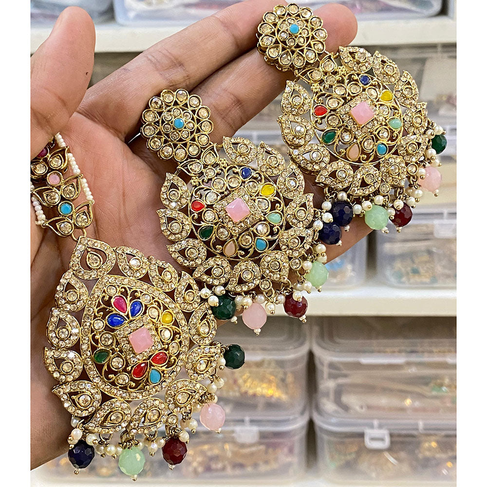 Hira Collections Royal Crystal Stone And Pearl Earring With Maangtikka