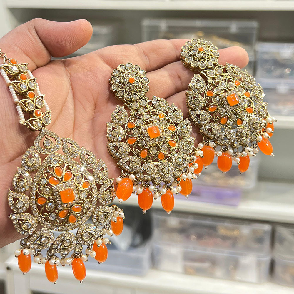 Hira Collections Royal Crystal Stone And Pearl Earring With Maangtikka