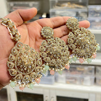 Hira Collections Royal Crystal Stone And Pearl Earring With Maangtikka