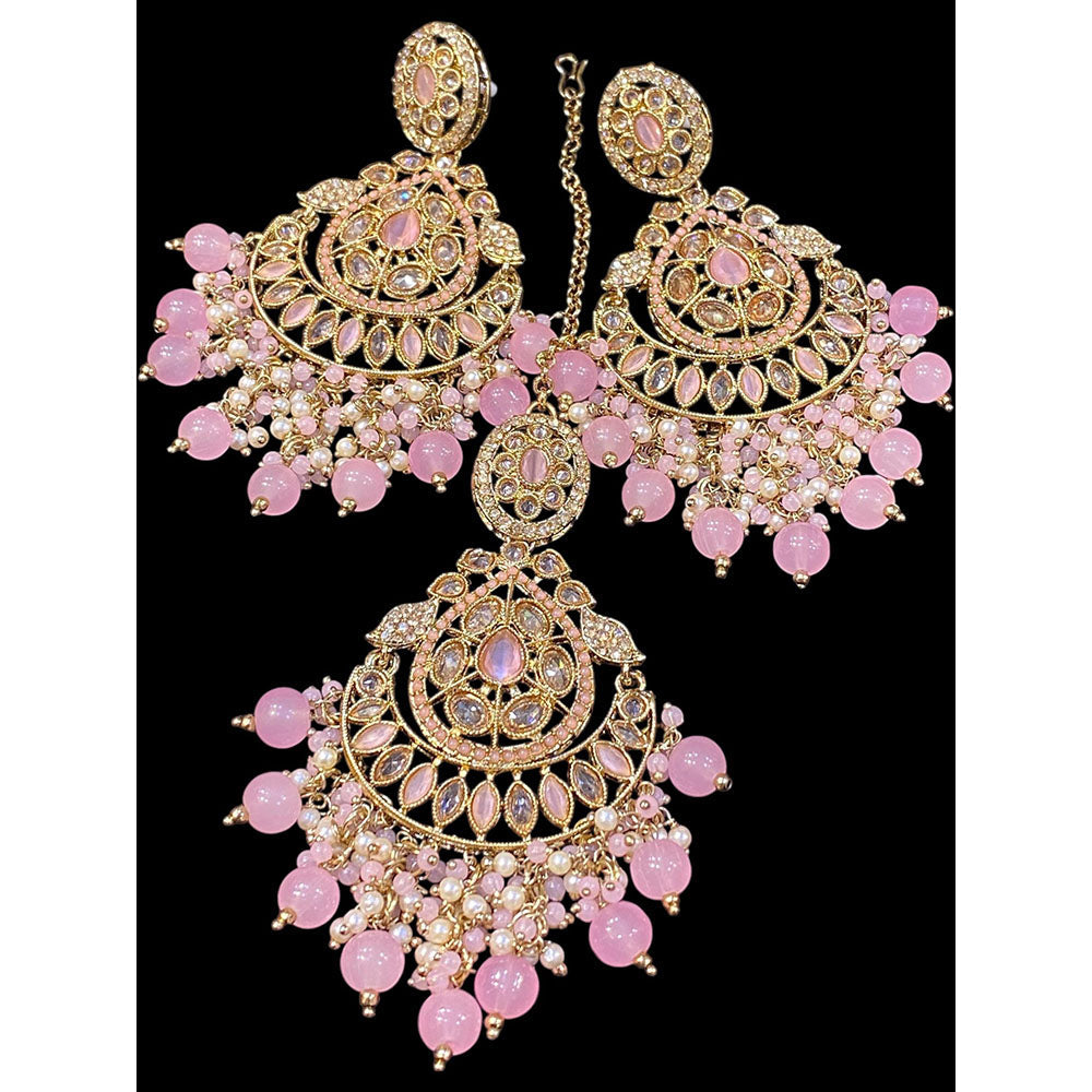 Hira Collections Royal Crystal Stone And Pearl Earring With Maangtikka