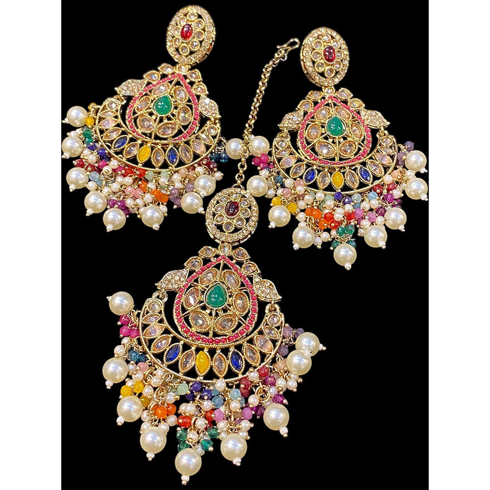 Hira Collections Royal Crystal Stone And Pearl Earring With Maangtikka