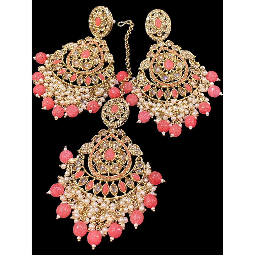 Hira Collections Royal Crystal Stone And Pearl Earring With Maangtikka