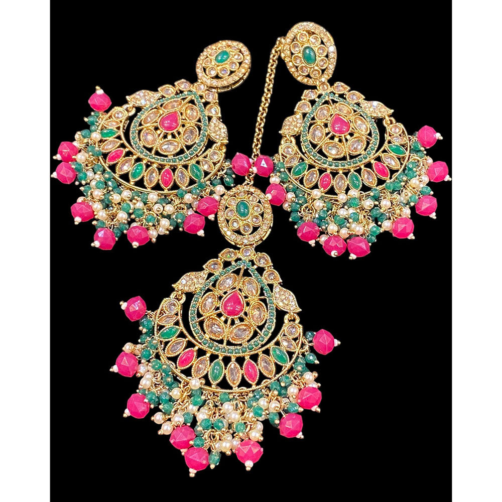 Hira Collections Royal Crystal Stone And Pearl Earring With Maangtikka