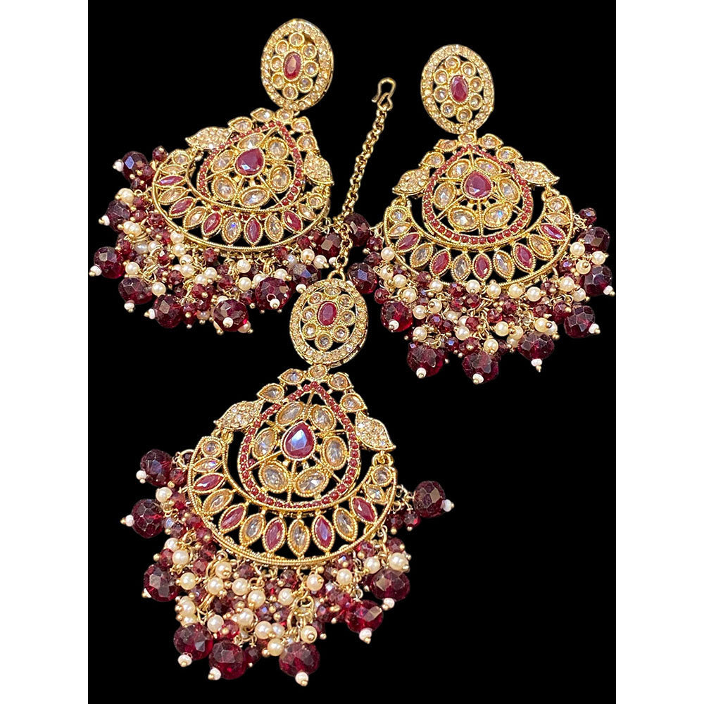 Hira Collections Royal Crystal Stone And Pearl Earring With Maangtikka