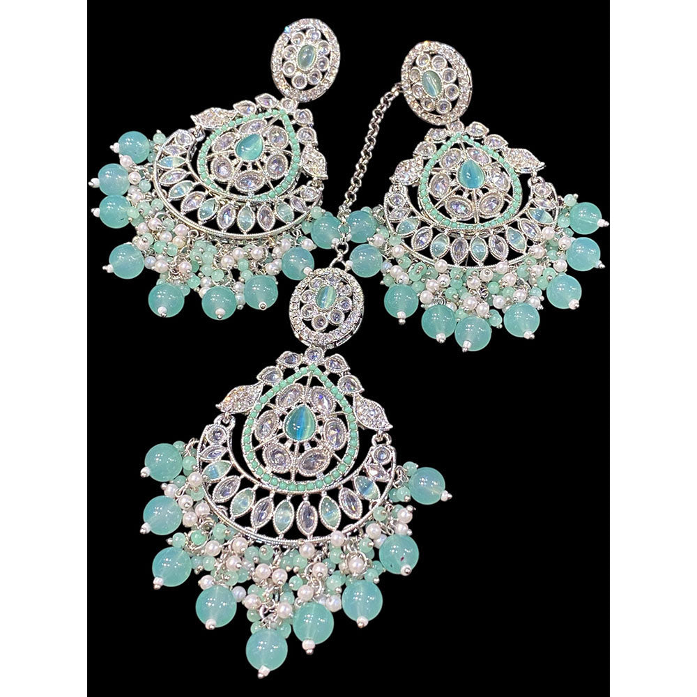 Hira Collections Royal Crystal Stone And Pearl Earring With Maangtikka