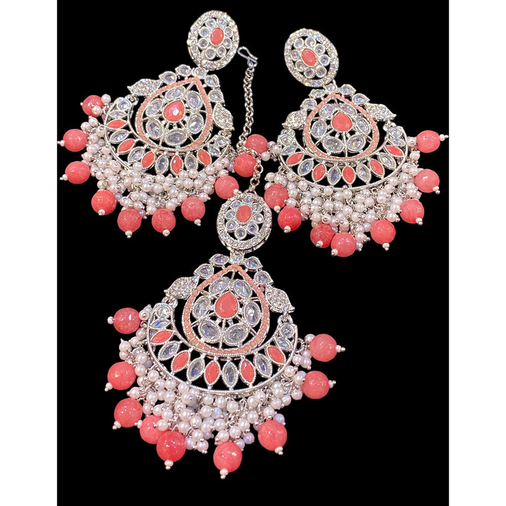 Hira Collections Royal Crystal Stone And Pearl Earring With Maangtikka