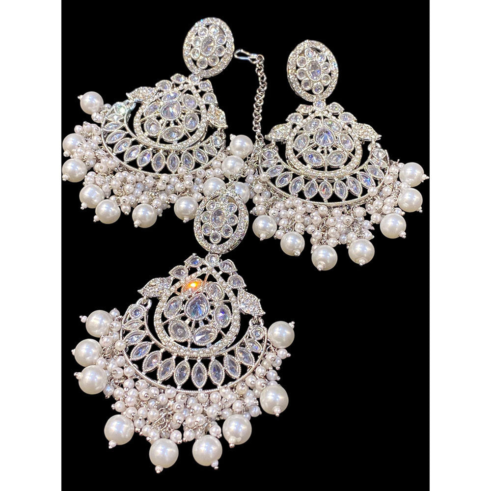 Hira Collections Royal Crystal Stone And Pearl Earring With Maangtikka