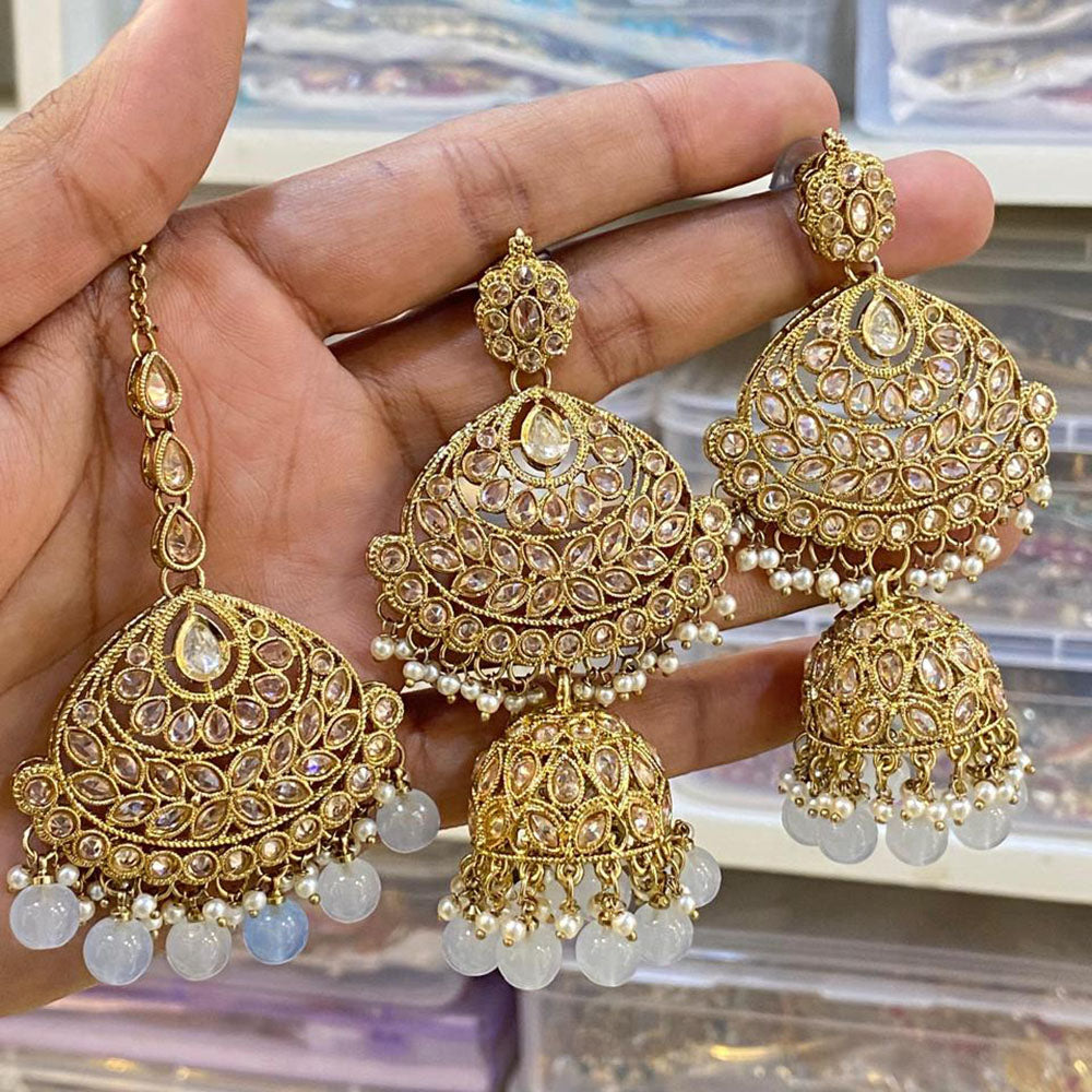 Hira Collections Designer Crystal Stone And Beads Jhumki Earrings With Maangtikka