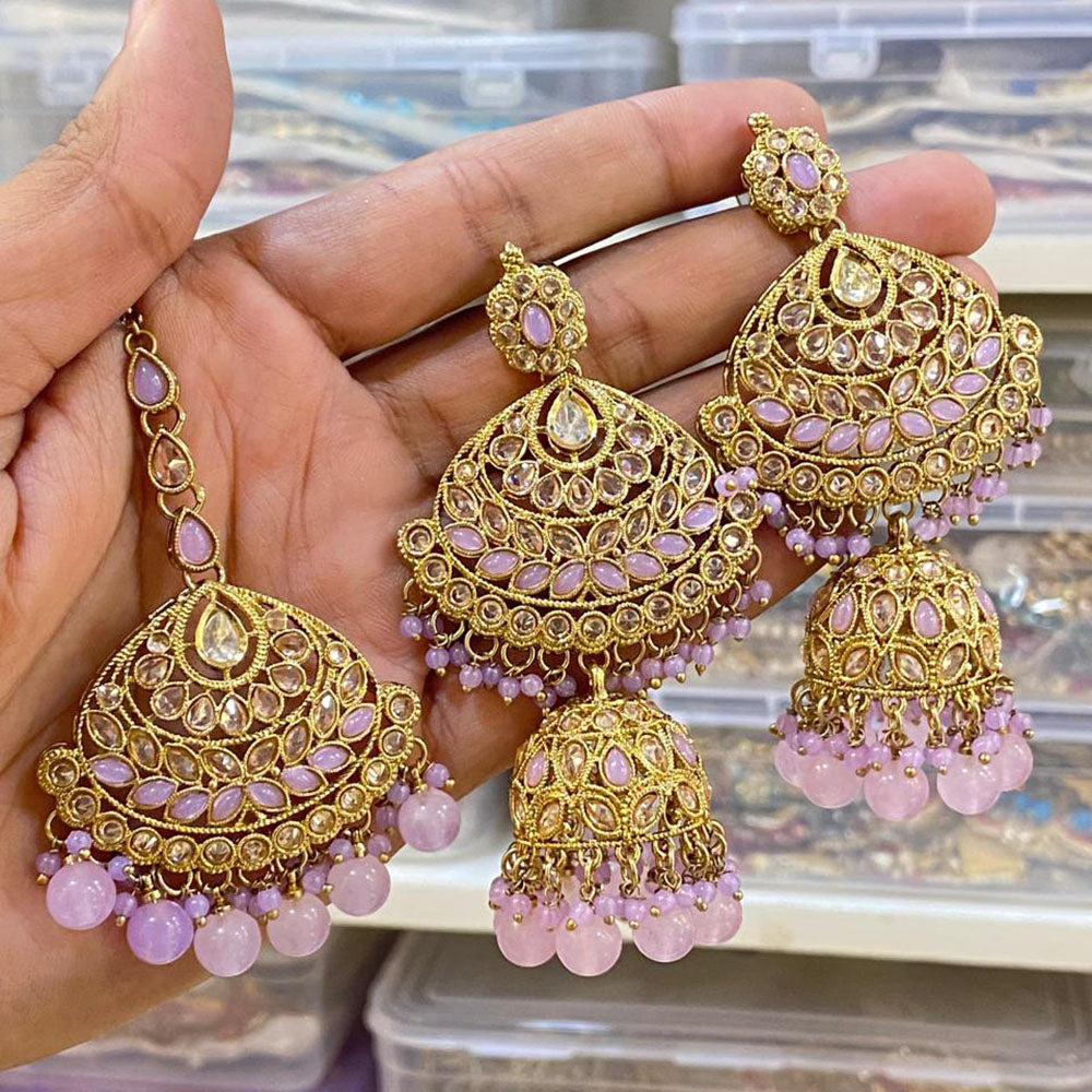 Hira Collections Designer Crystal Stone And Beads Jhumki Earrings With Maangtikka