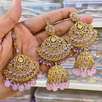 Hira Collections Designer Crystal Stone And Beads Jhumki Earrings With Maangtikka