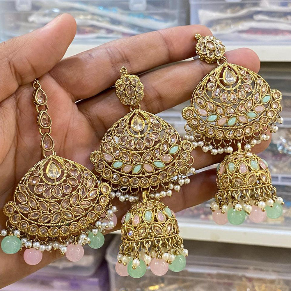 Hira Collections Designer Crystal Stone And Beads Jhumki Earrings With Maangtikka