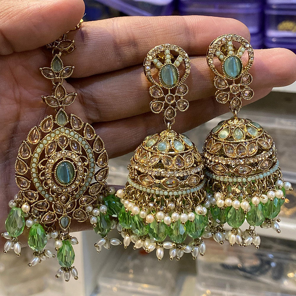 Hira Collections Designer Crystal Stone And Beads Jhumki Earrings With Maangtikka