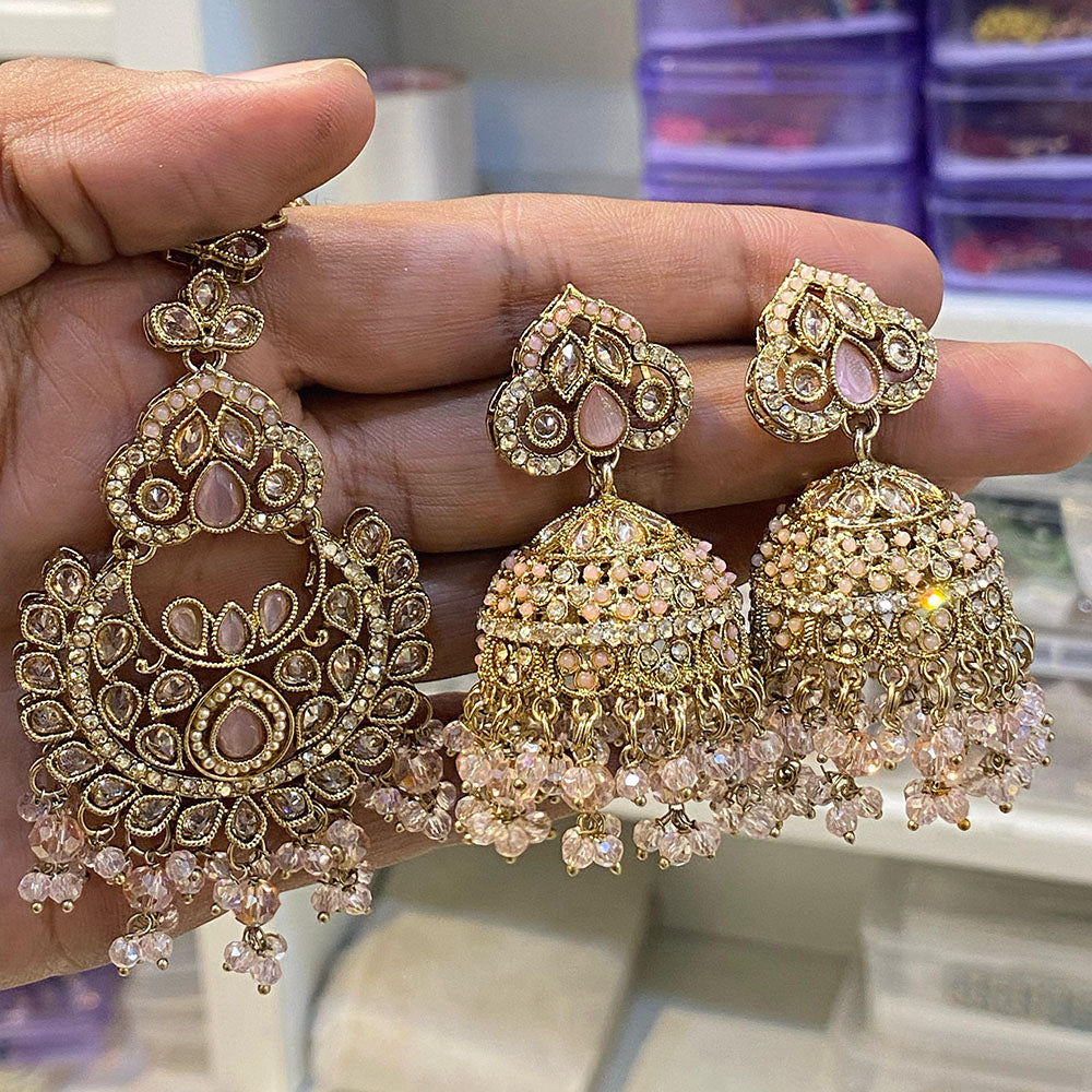 Hira Collections Designer Crystal Stone And Beads Jhumki Earrings With Maangtikka