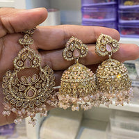 Hira Collections Designer Crystal Stone And Beads Jhumki Earrings With Maangtikka