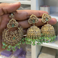 Hira Collections Designer Crystal Stone And Beads Jhumki Earrings With Maangtikka