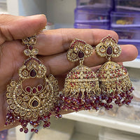 Hira Collections Designer Crystal Stone And Beads Jhumki Earrings With Maangtikka
