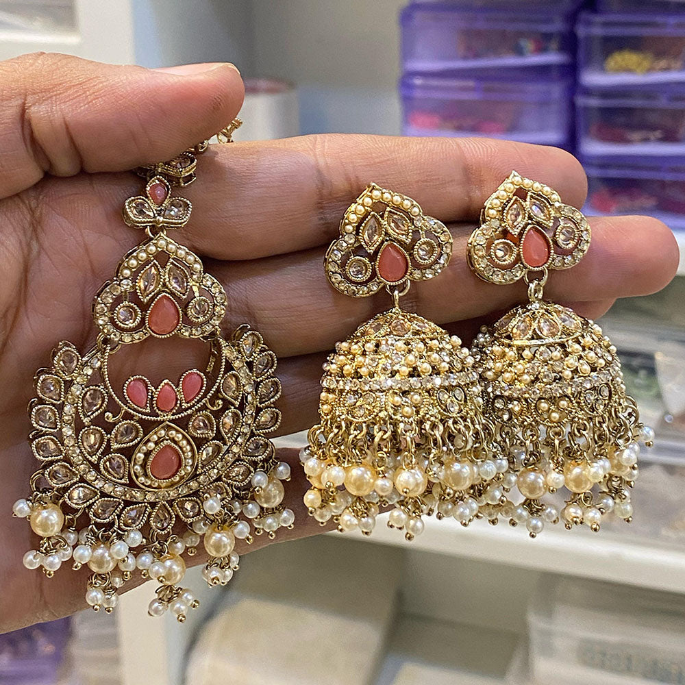 Hira Collections Designer Crystal Stone And Beads Jhumki Earrings With Maangtikka