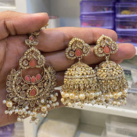 Hira Collections Designer Crystal Stone And Beads Jhumki Earrings With Maangtikka