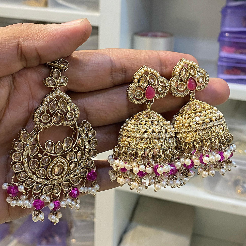 Hira Collections Designer Crystal Stone And Beads Jhumki Earrings With Maangtikka