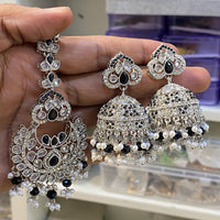 Hira Collections Designer Crystal Stone And Beads Jhumki Earrings With Maangtikka
