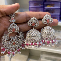 Hira Collections Designer Crystal Stone And Beads Jhumki Earrings With Maangtikka