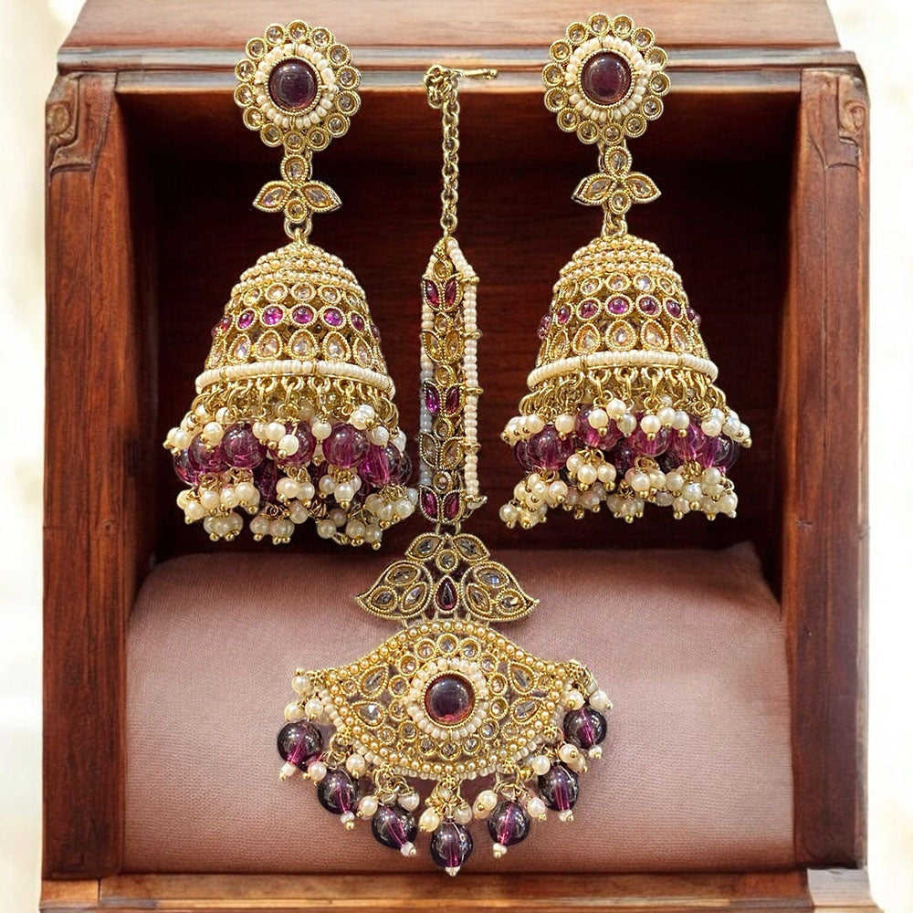 Hira Collections Designer Crystal Stone And Beads Jhumki Earrings With Maangtikka