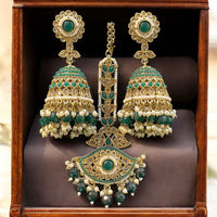 Hira Collections Designer Crystal Stone And Beads Jhumki Earrings With Maangtikka