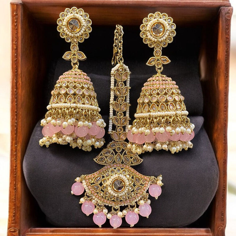 Hira Collections Designer Crystal Stone And Beads Jhumki Earrings With Maangtikka