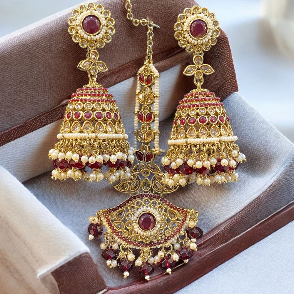 Hira Collections Designer Crystal Stone And Beads Jhumki Earrings With Maangtikka