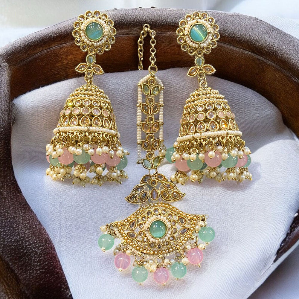 Hira Collections Designer Crystal Stone And Beads Jhumki Earrings With Maangtikka
