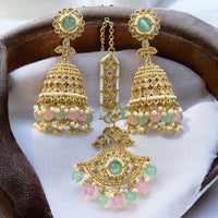 Hira Collections Designer Crystal Stone And Beads Jhumki Earrings With Maangtikka