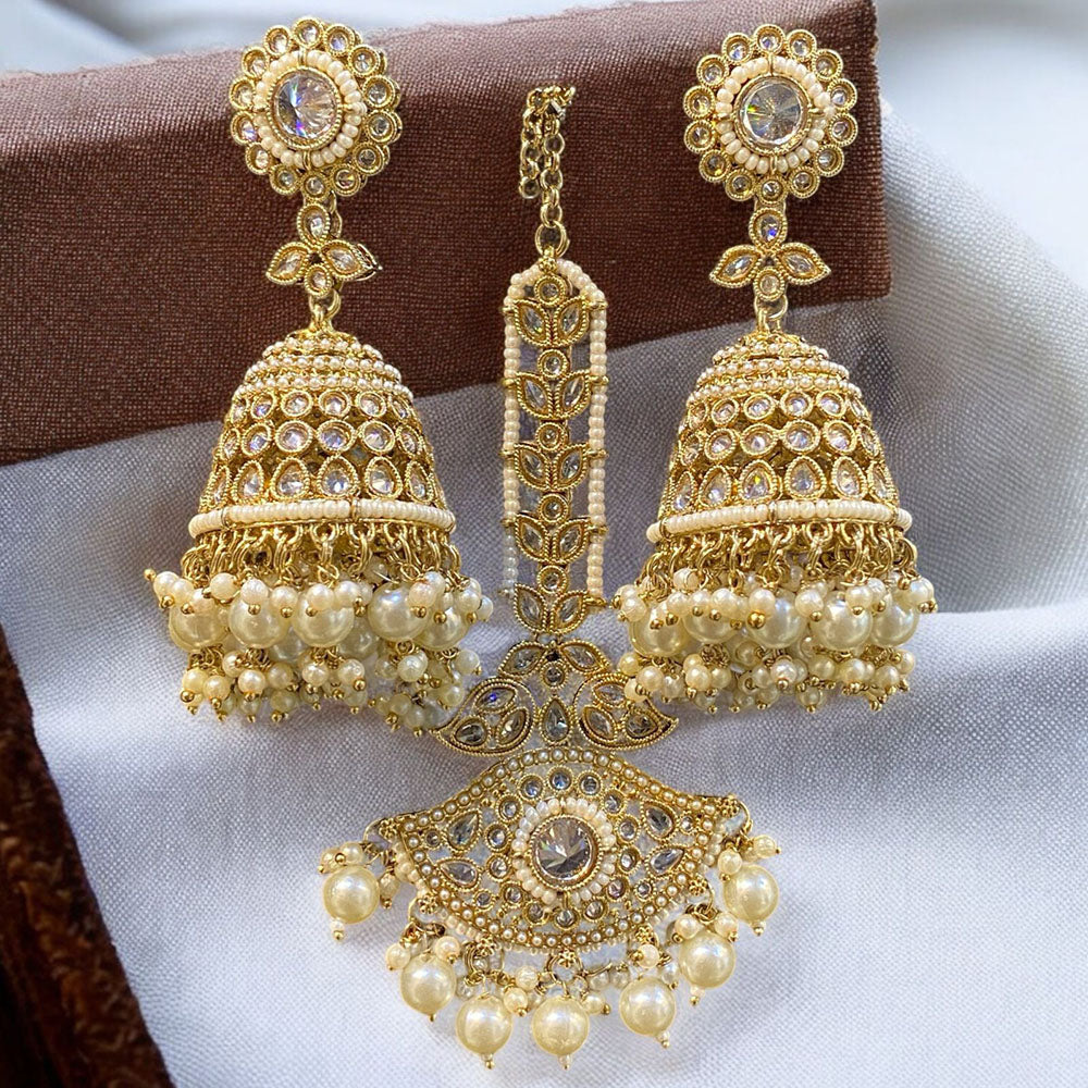 Hira Collections Designer Crystal Stone And Beads Jhumki Earrings With Maangtikka