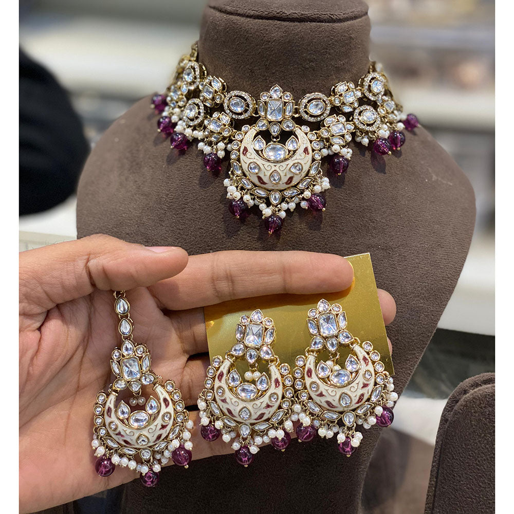 Hira Collections Luxury Kundan Stone Pearl And Beads Meenakari Choker Necklace Set