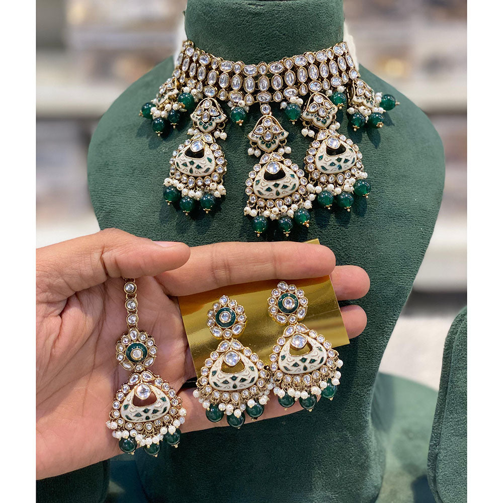 Hira Collections Luxury Kundan Stone Pearl And Beads Meenakari Choker Necklace Set