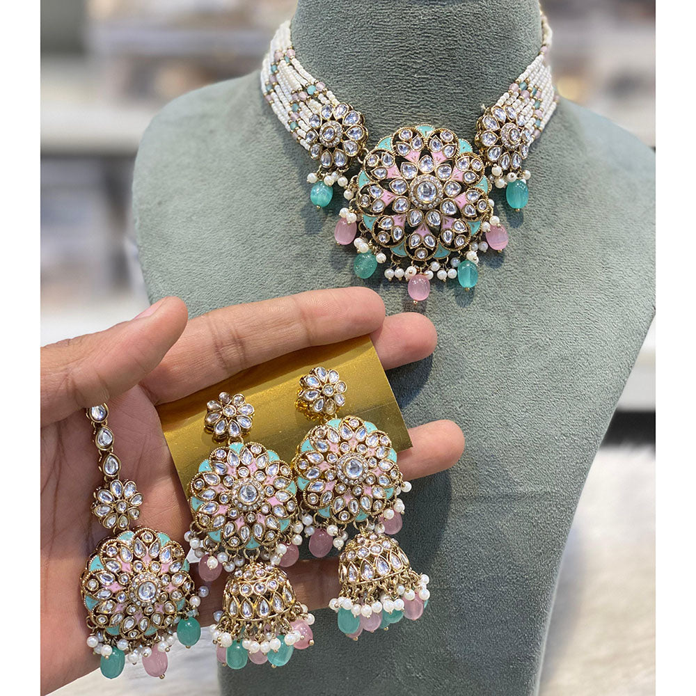 Hira Collections Luxury Kundan Stone Pearl And Beads Meenakari Choker Necklace Set