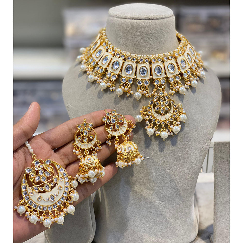 Hira Collections Luxury Kundan Stone Pearl And Beads Meenakari Choker Necklace Set