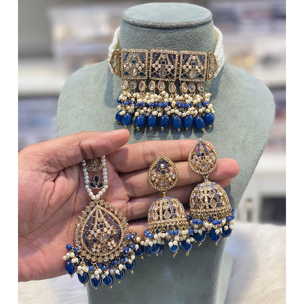 Hira Collections Royal Crystal Stone Pearl And Beads Designer Choker Necklace Set